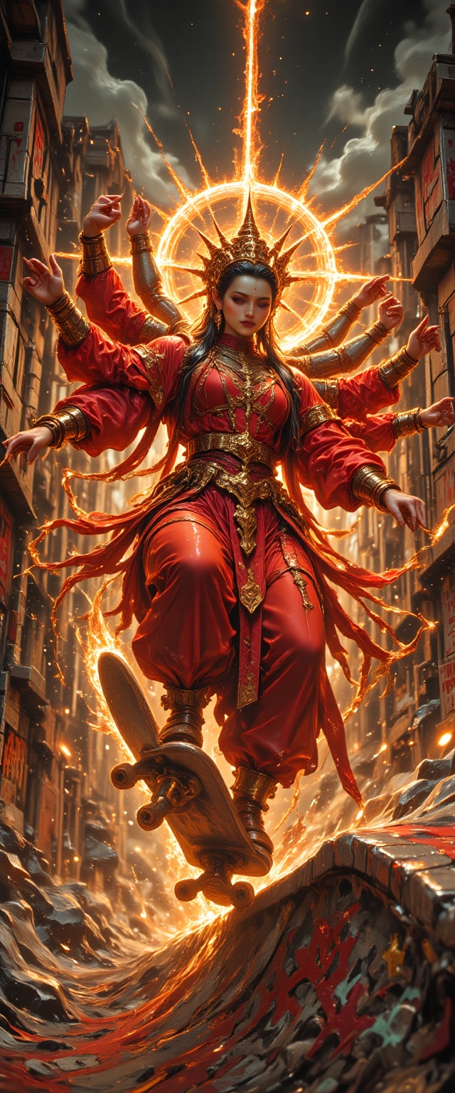 A serene Chinese Buddhist deity,  She manifests six arms,  captured in motion as she rides a sleek on Tensor.Art