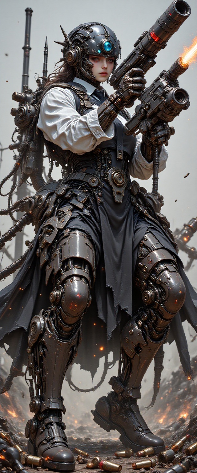 Create a realistic The Mecha Girl holds a large handgun in both hands,  aiming calmly and accurately with a sharp gaze. Sh...
