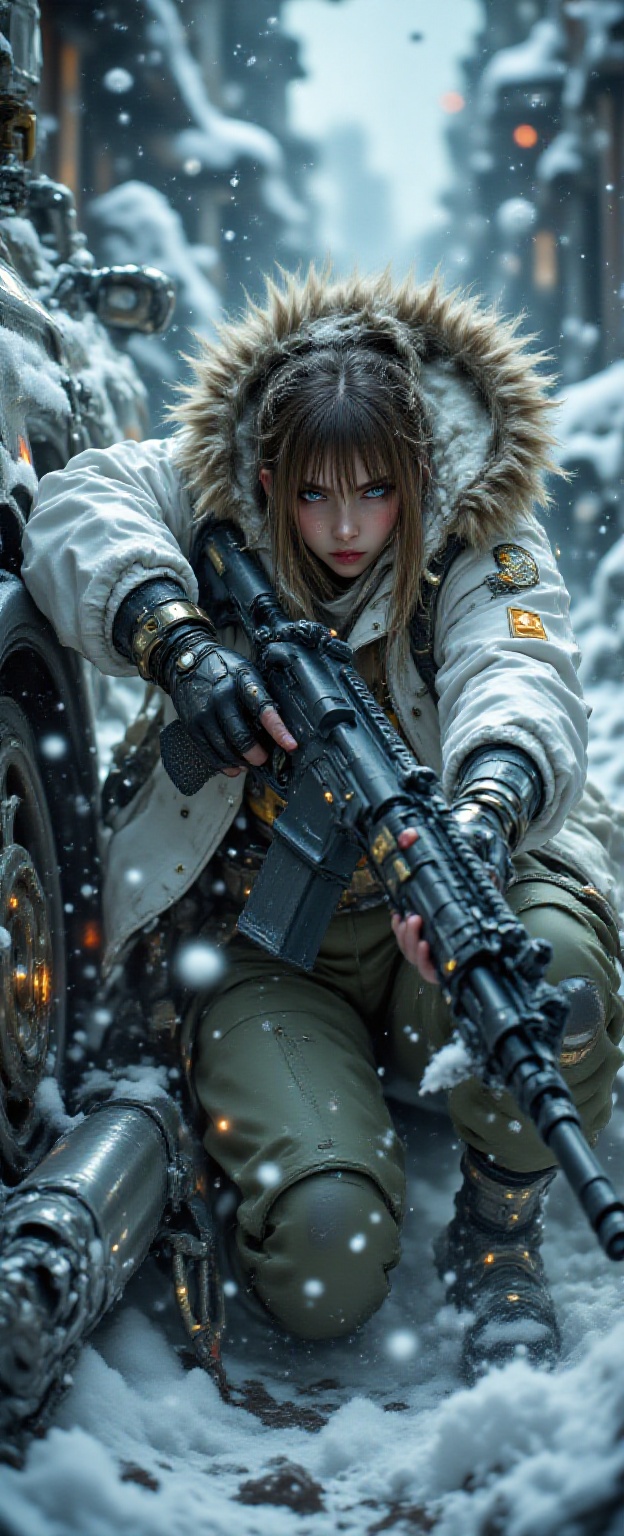 A dynamic action sequence framed by unconventional angles and a bold composition. A lone female figure,  with long brown h...
