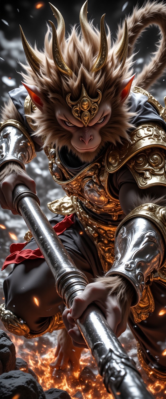 A dramatic close-up of a fierce six-eared macaque warrior in the midst of a dynamic battle stance. The macaque,  known as...