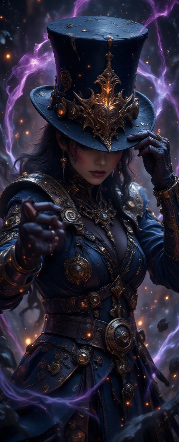 A woman,  adorned in a dark blue attire that shimmers with intricate gold accents,  each detail meticulously woven into a...