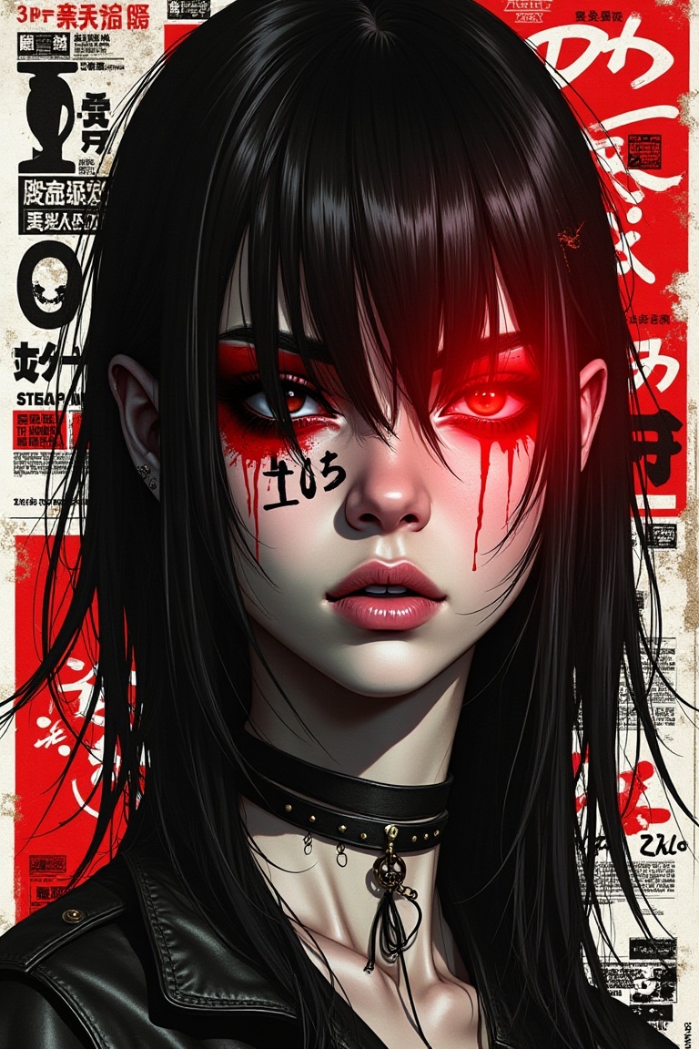 punk_magazinepunk,  stylized portrait of girl with one eye covered by hair,  red glow across face on Tensor.Art