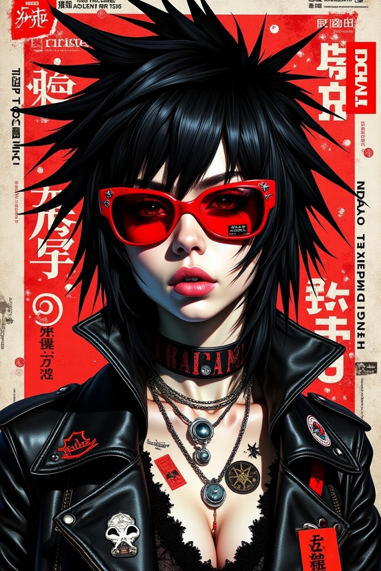 punk_magazinepunk,  frontal portrait of edgy girl with spiky black hair and red sunglasses,  face stickers on Tensor.Art