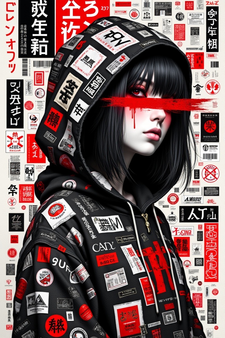 punk_magazinepunk,  hooded girl with red stripe over flaming eyes,  stickers and labels all over hoodie on Tensor.Art