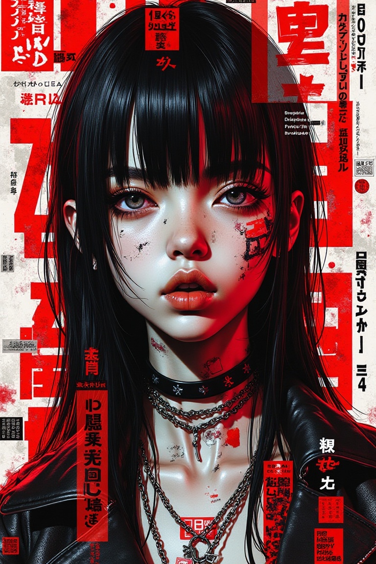 punk_magazinepunk,  punk girl with long hair and side-glare,  Japanese text overlay on face on Tensor.Art