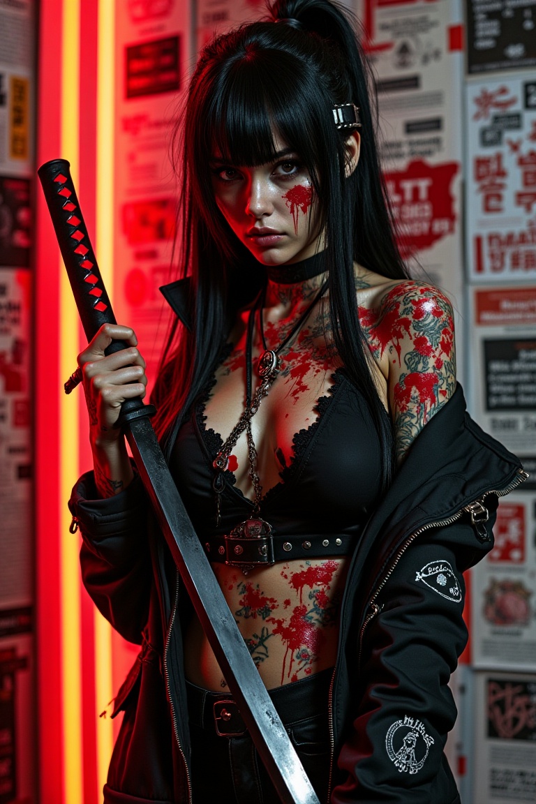 punk_magazinepunk,  half-body of punk girl with long black hair,  red patches on streetwear on Tensor.Art