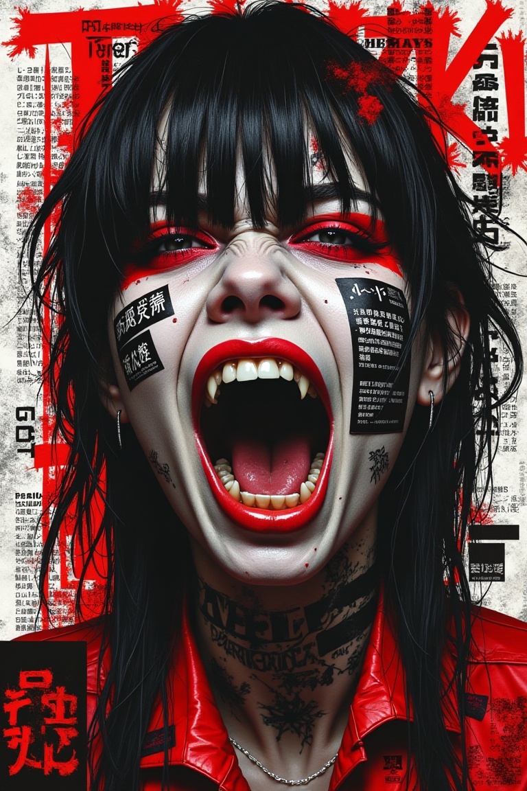 punk_magazinepunk,  girl screaming with red eyeliner and fangs,  black tape and ink splatter on face on Tensor.Art