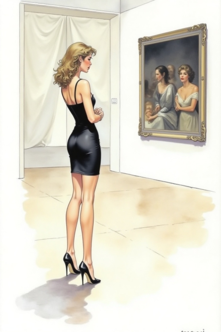 elegant woman standing in an art gallery,  gazing thoughtfully at a large painting,  wearing a fitted black dress and high...