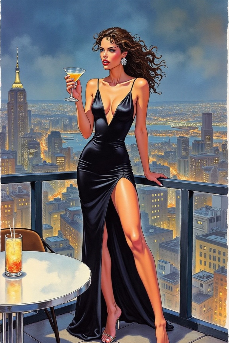 Milo Manara style,  elegant woman,  rooftop skyview cafe on Tensor.Art