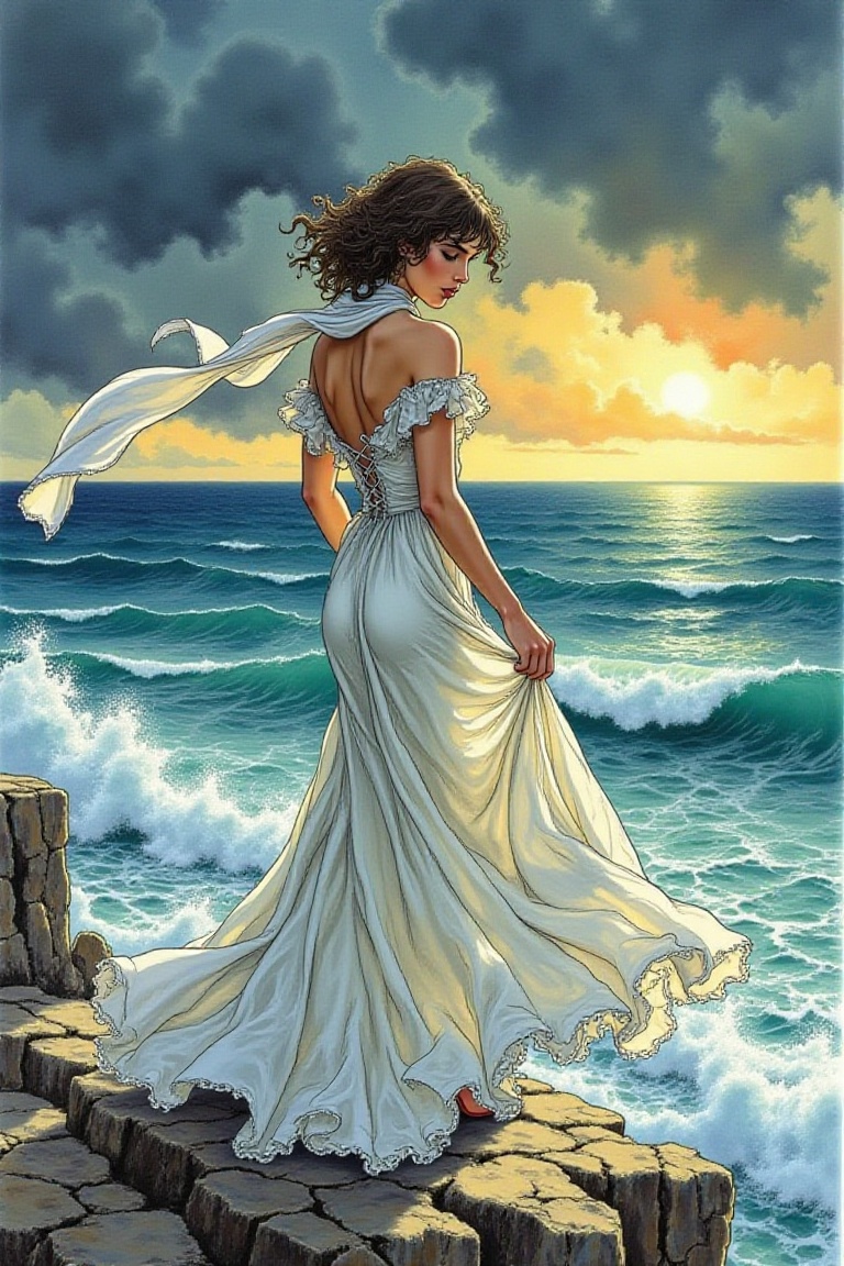 woman standing on a coastal cliff just before a storm,  long dress fluttering wildly in the wind,  scarf trailing behind h...