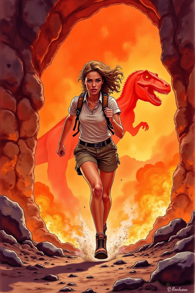 female explorer running through a glowing lava cave,  wearing functional adventure outfit with cargo shorts and a short-sl...