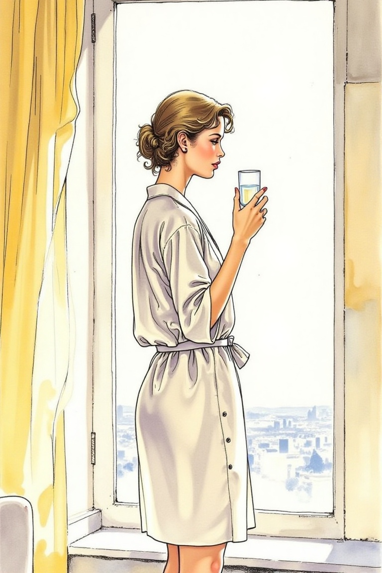 elegant woman standing beside a large window,  holding a clear glass of water in one hand,  gazing out through translucent...