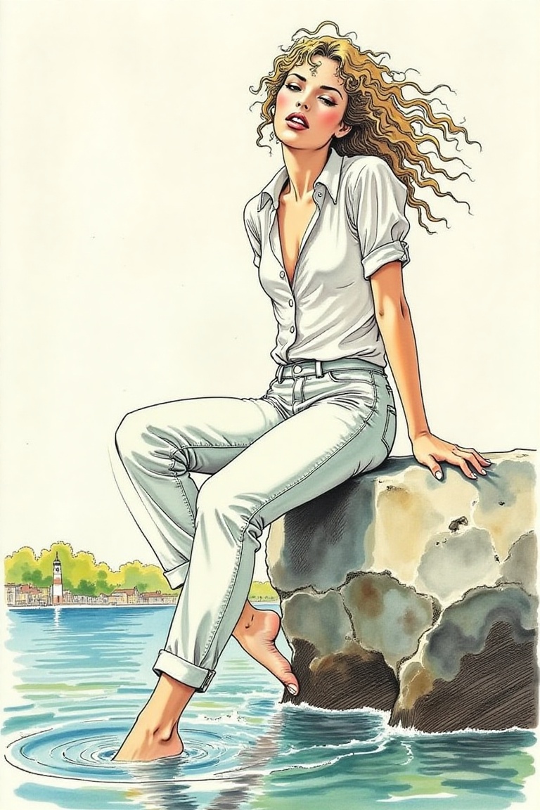 attractive woman sitting on a riverside rock,  dipping her bare feet in the water,  wearing rolled-up pants and a soaked w...