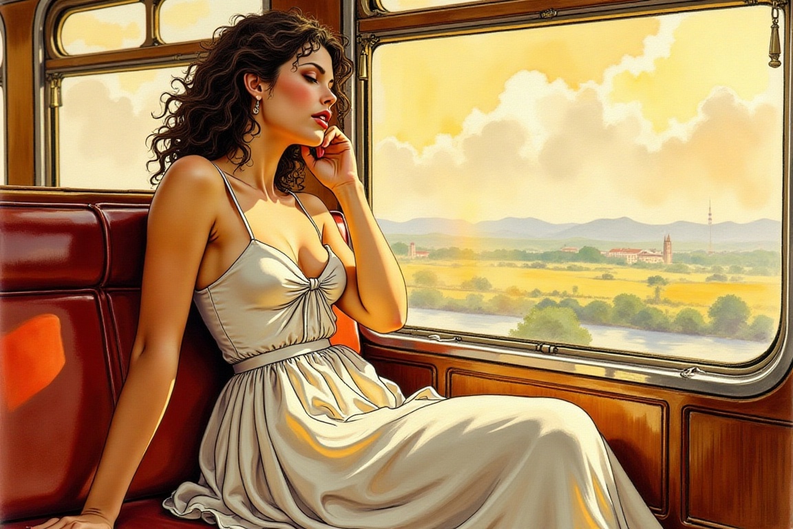 Milo Manara style,  elegant woman in a long flowing skirt seated by a train window,  gazing thoughtfully outside on Tensor...