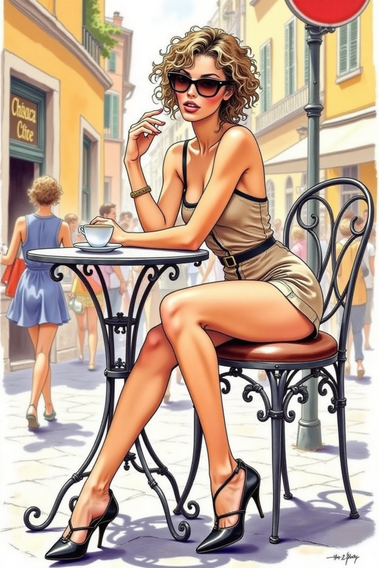 Milo Manara style,  pretty woman,  sitting at outdoor cafe on Tensor.Art