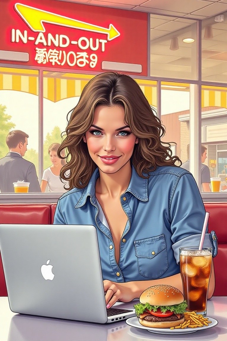 Cartoon of a brunette woman sitting at a table in In-and-Out Burger restaurant,  20yo,  a sleek Apple MacBook on table on...