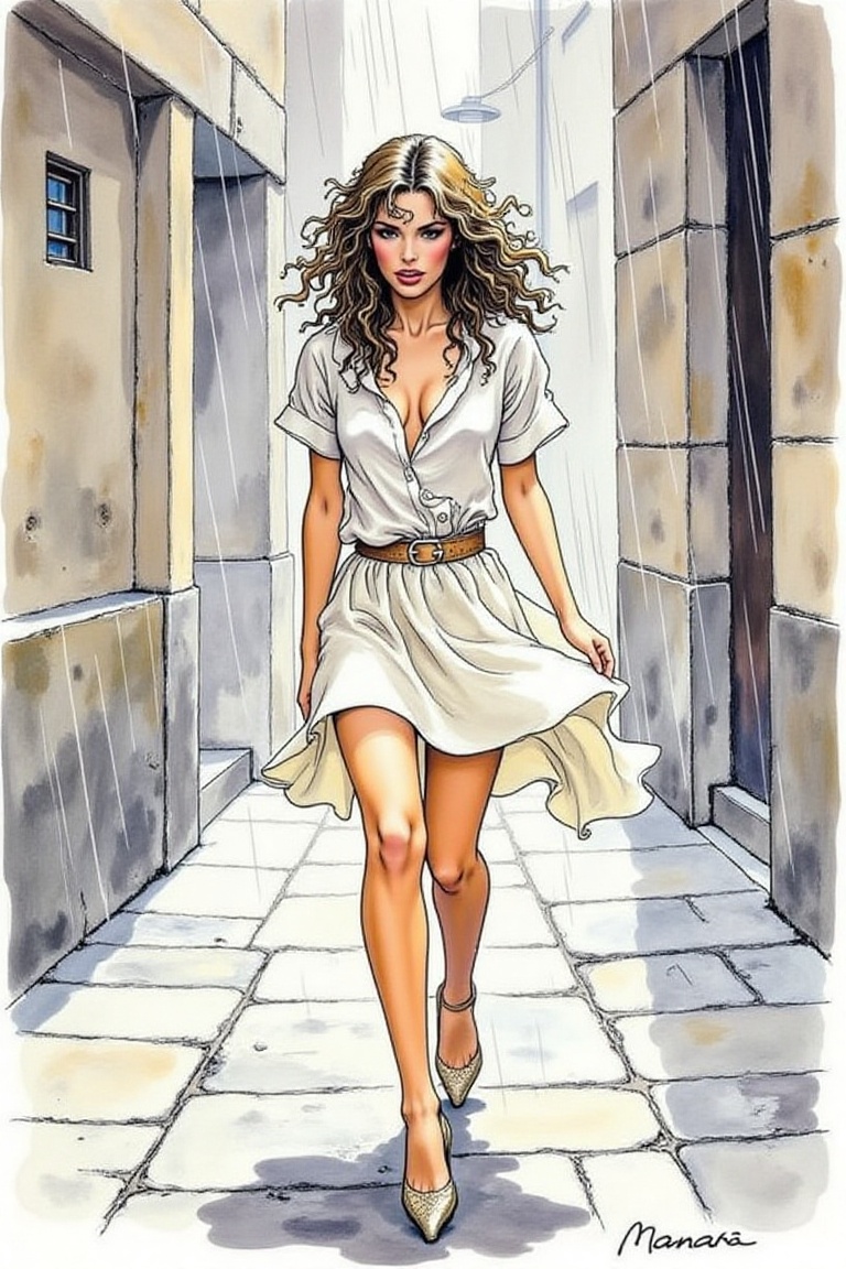 Milo Manara style,  woman walking slowly in the rain,  wearing a loose wet blouse and flowing short skirt on Tensor.Art