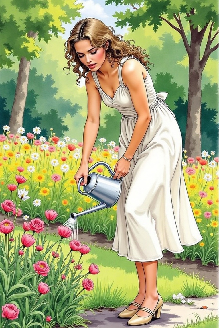Milo Manara style,  elegant woman in a sleeveless summer dress watering flowers in a garden,  holding a vintage watering c...