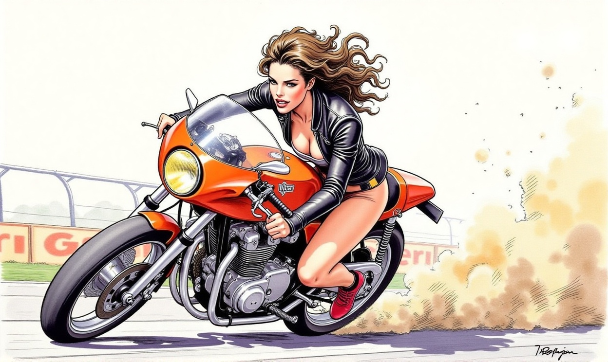 confident woman racing a motorcycle at high speed,  leaning into a turn on a race track,  wearing a revealing racing outfi...