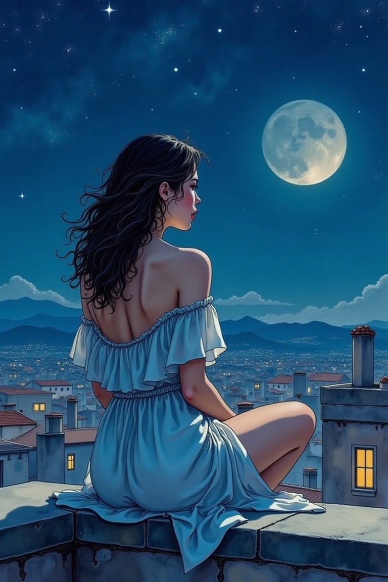Milo Manara style,  silhouette of a graceful woman sitting on a rooftop at night,  gazing up at a star-filled sky on Tenso...