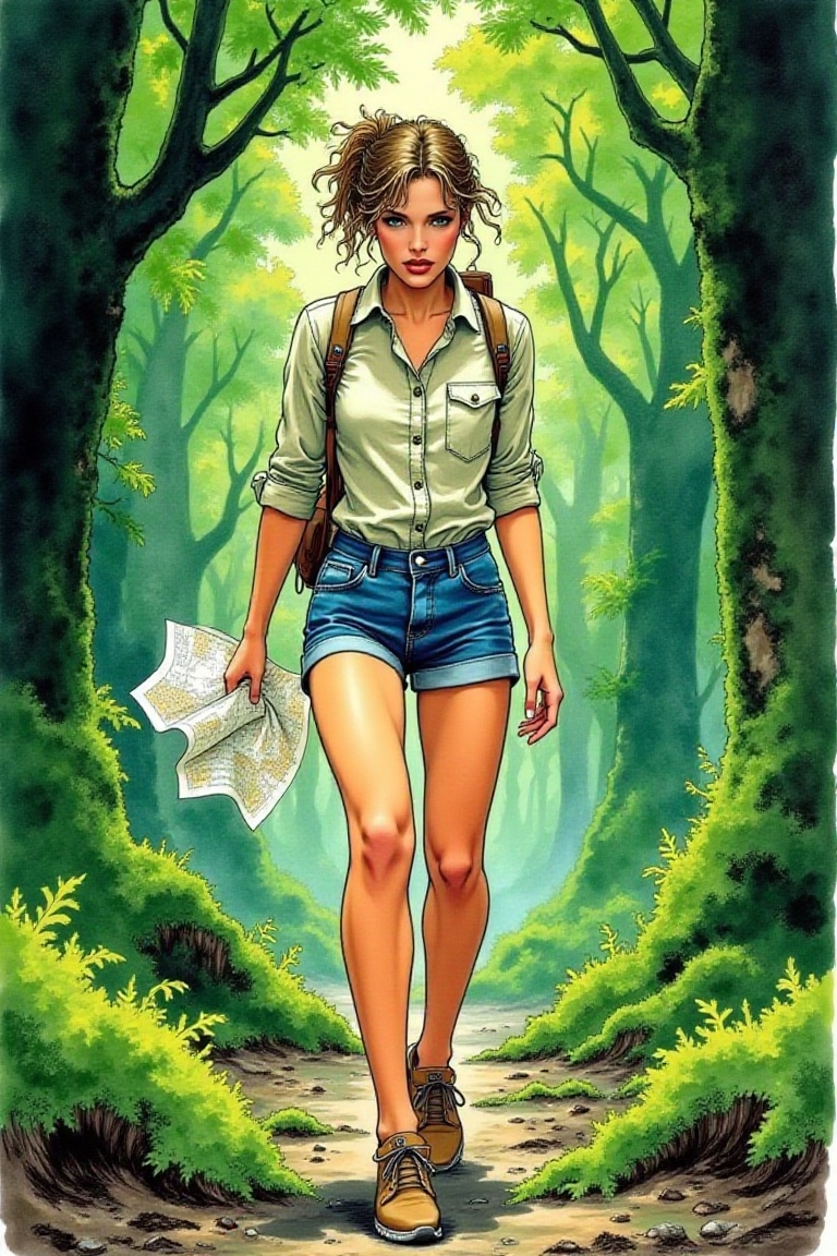 adventurous woman walking through a deep forest,  holding a crumpled map in one hand,  wearing short jean pants and a ligh...