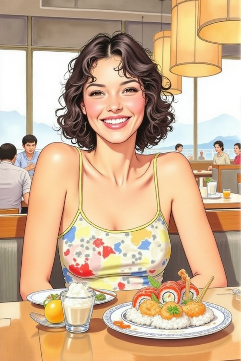 young woman sitting in a Japanese restaurant,  smile,  light summer strap dress of vibrant colors and geometric pattern on...