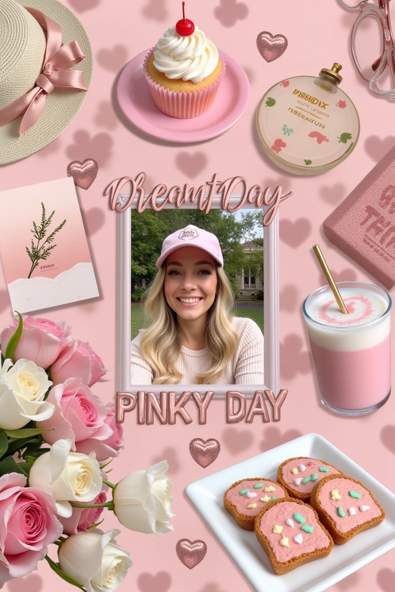 Aesthetic collage art with a rose gold theme,  featuring a cupcake,  snacks on Tensor.Art