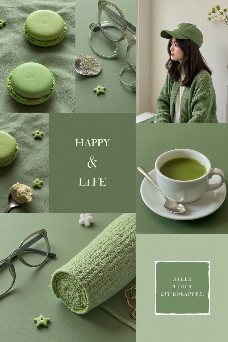 Aesthetic collage art with a sage green and black color scheme,  featuring a delicate macaron,  stylish glasses on Tensor.Art