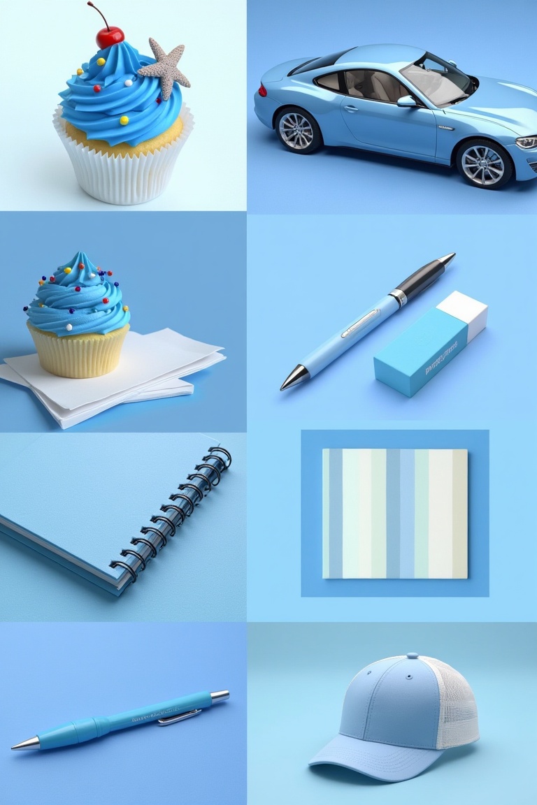 Aesthetic collage art with a blue theme,  featuring a cupcake,  a sleek car on Tensor.Art
