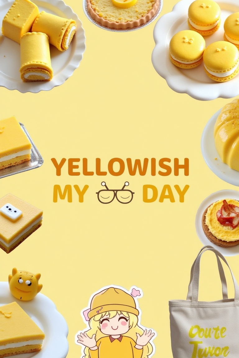 Aesthetic collage art with a yellow color theme,  featuring delicate macarons,  slices of cake on Tensor.Art