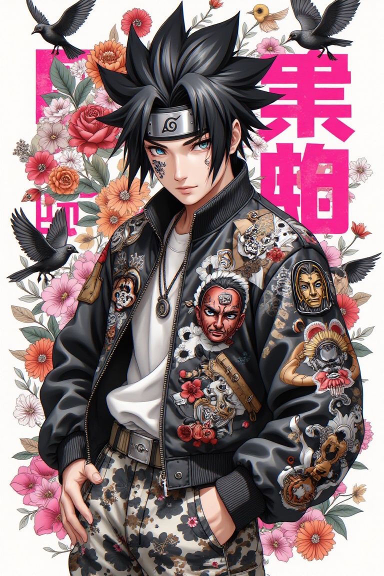 A cool anime ninja with wild spiky hair,  tribal-style face paint,  and a forehead protector with the Hidden Leaf symbol....