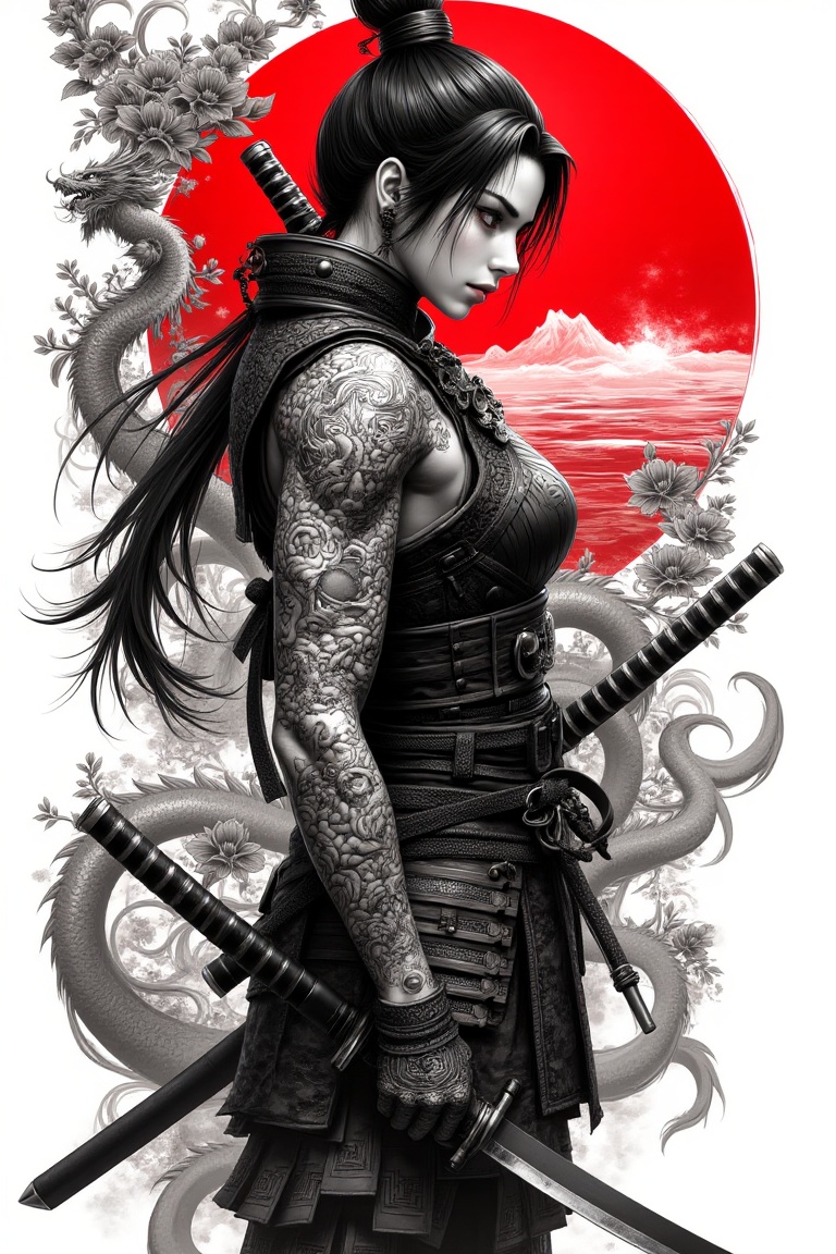 A fierce and elegant anime female samurai in side profile,  with a detailed full-sleeve tattoo on her arm,  long tied-up h...