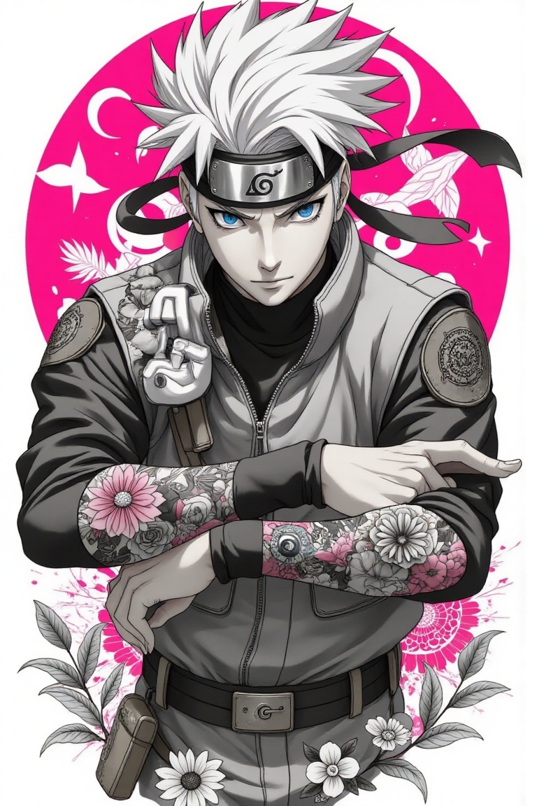 cool ninja man with white spiky hair and eye mask,  grayscale character with colorful floral tattoo pattern on sleeves and...
