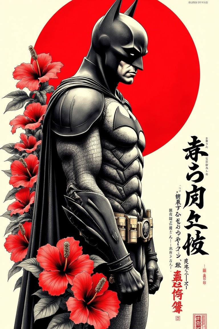 A highly detailed,  dramatic illustration of Batman in a Japanese poster style. Batman is shown in a side profile,  his ar...