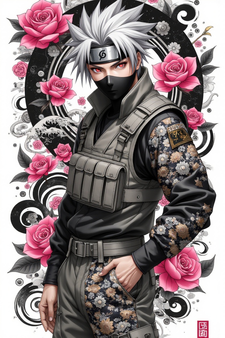 A highly detailed anime-style male ninja with silver spiky hair and a black face mask,  wearing a tactical vest and floral...