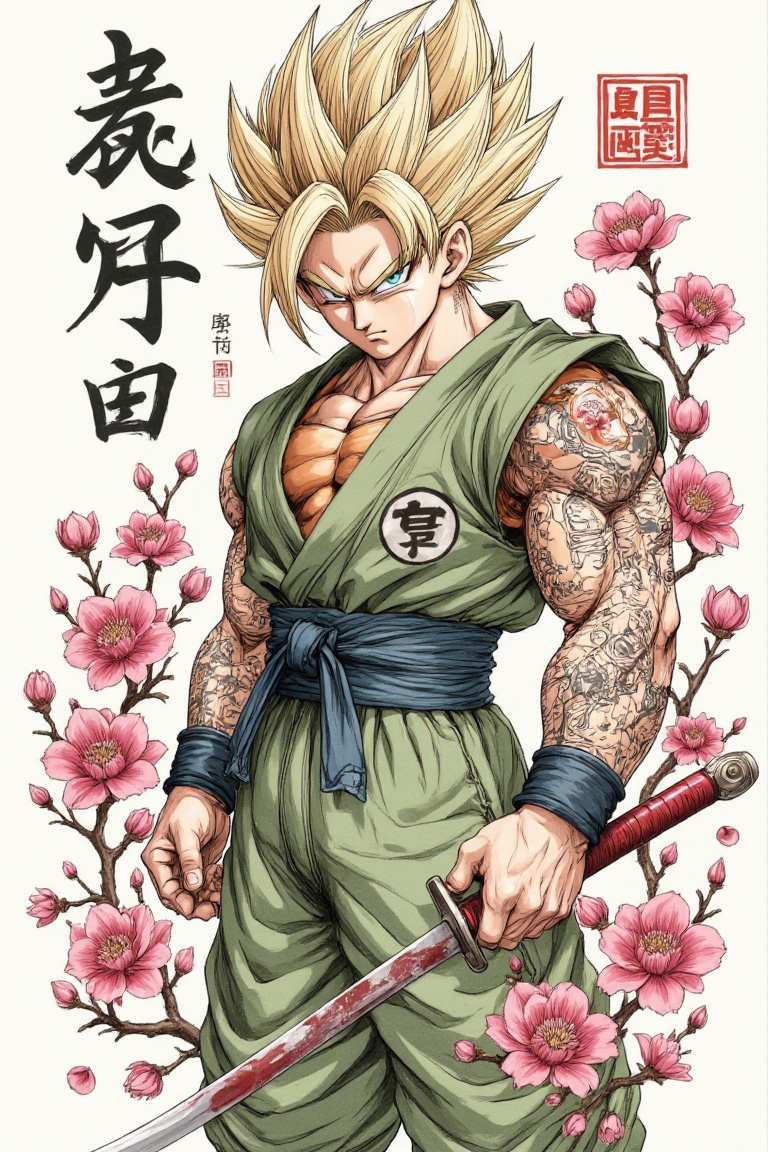 A stylized anime illustration of Goku in a fierce battle-ready pose,  designed with Japanese tattoo aesthetics — floral_fr...