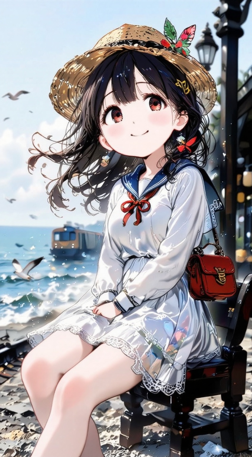 Stunning illustration of a cheerful girl in a detailed marine-style sailor uniform,  straw hat,  and shoulder bag on Tenso...