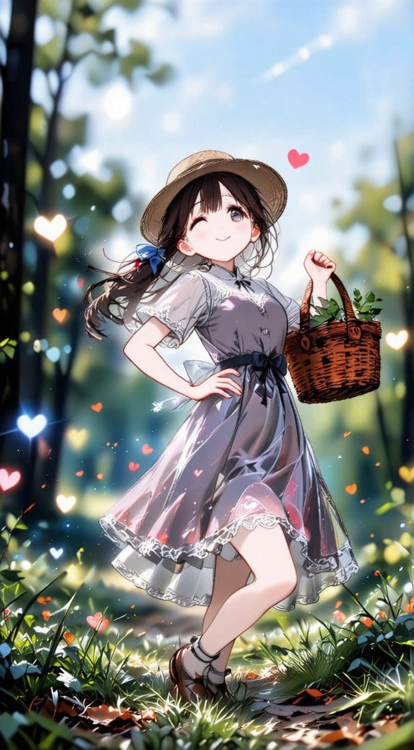 Front angle,  slightly below,  showing a dull colored girly dress with a basket bag on shoulder. Winking with a bouncing s...
