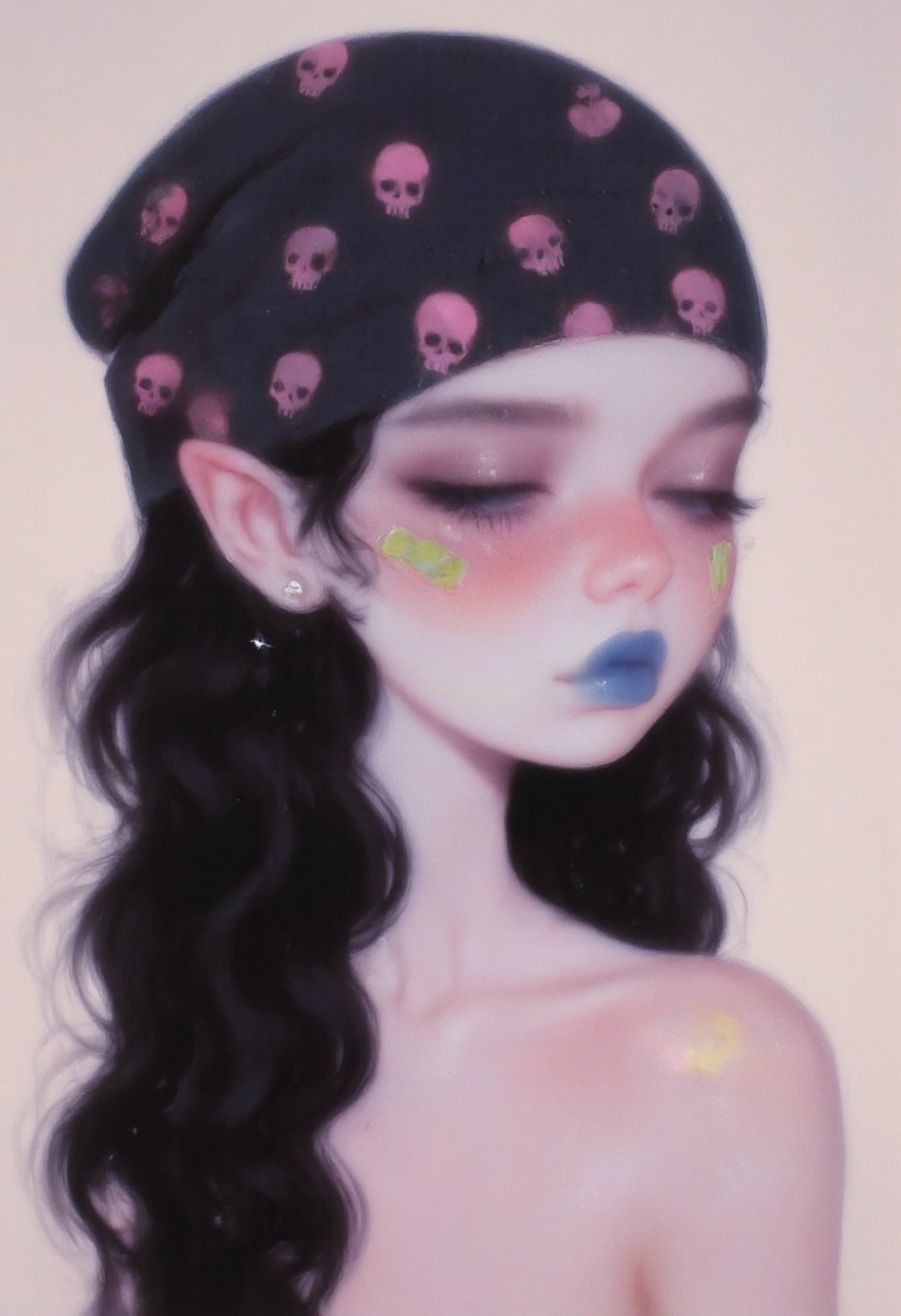 m1sty_style ,  elf woman with long,  wavy black hair. She wears a black beanie with pink skull patterns on Tensor.Art