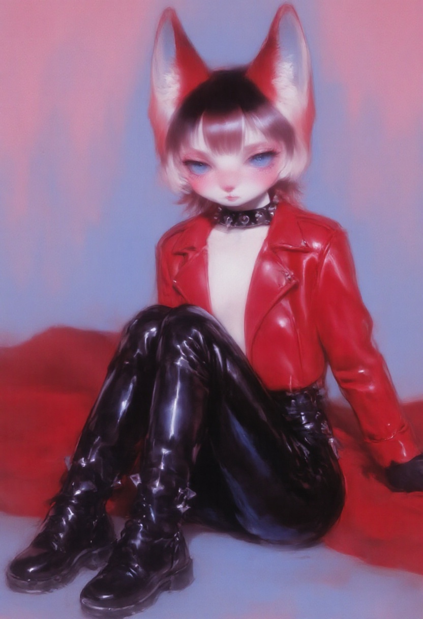 m1sty_style ,  anthropomorphic female fox with large red and white ears,  sitting with a relaxed posture. The fox has blue...