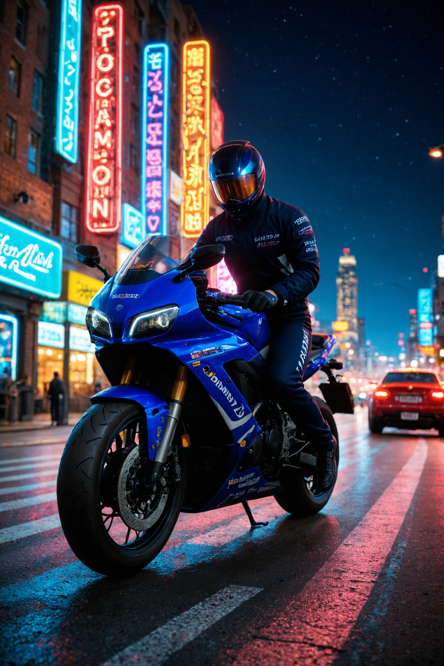 cityscape,  man on motorbike racing through city moon,  night sky on Tensor.Art