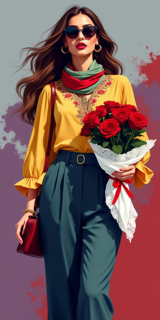 A low-angle upward shot of a young,  tall,  slim lady standing confidently. She has soft makeup on Tensor.Art