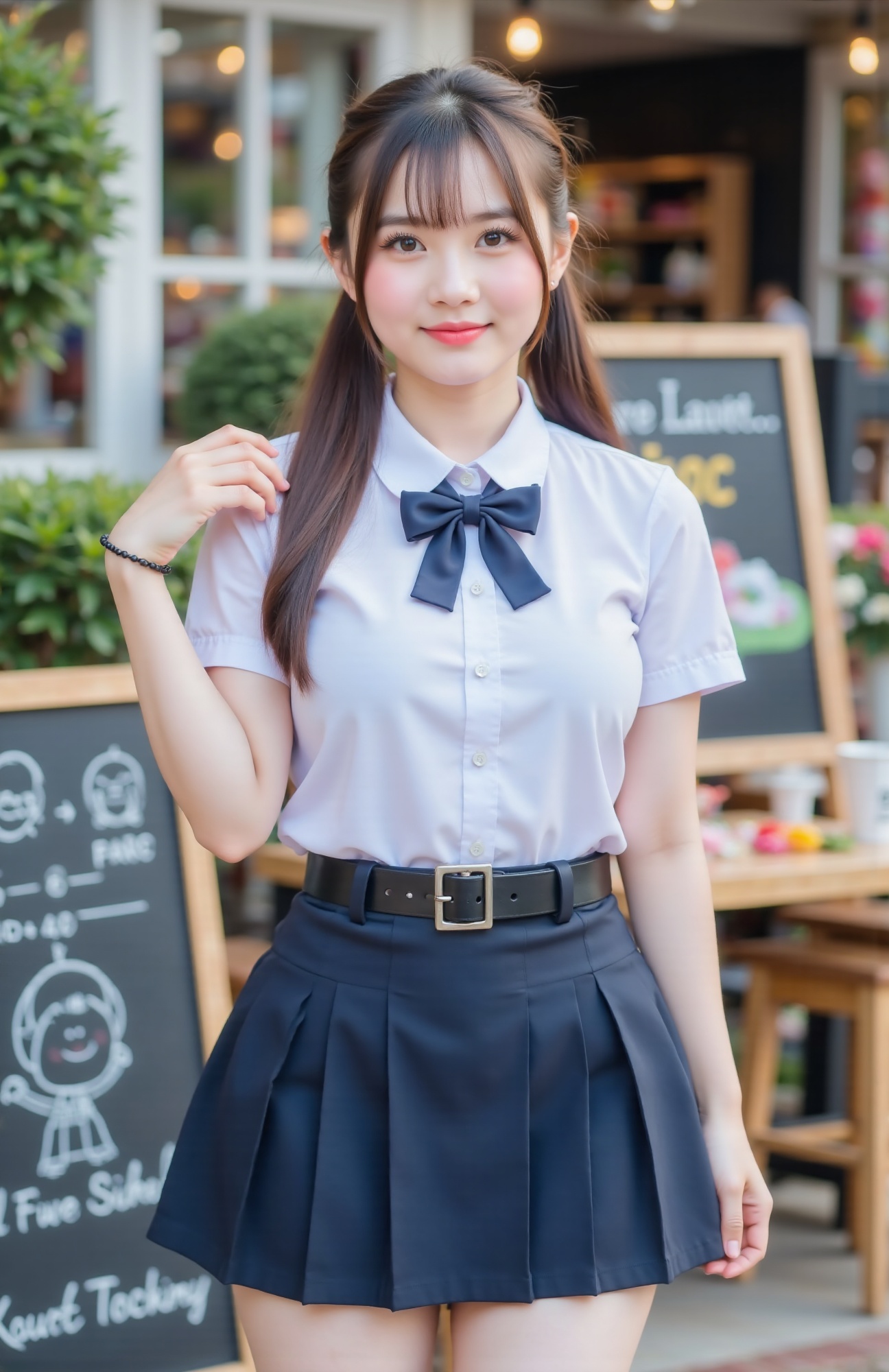 In a lively outdoor shop,  full body. an 18-year-old Thai woman is lounging around.Beautiful fingers. She has a relaxed an...