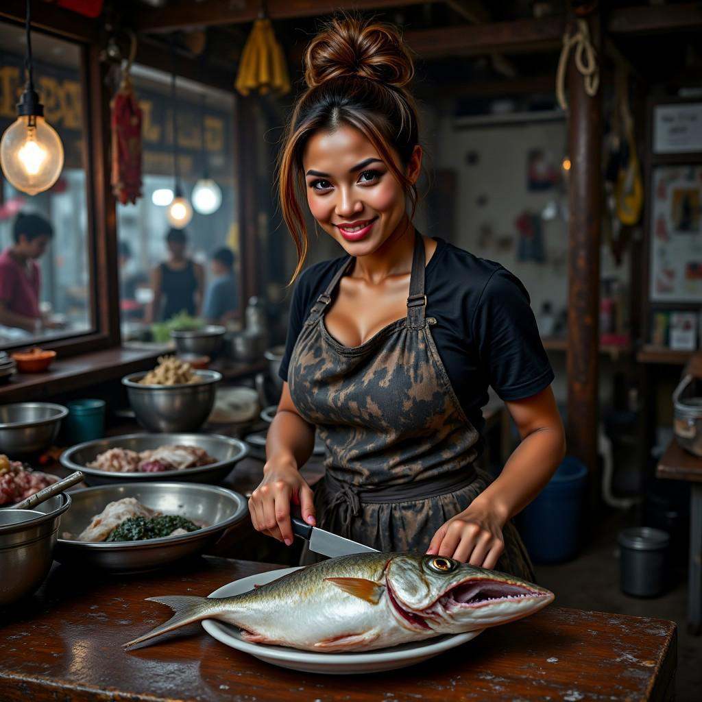fishmonger beautiful Filipino Asian of Camobian decent. 1girl . solo. 27yo server cook,  striking fish with knife in Smoky...