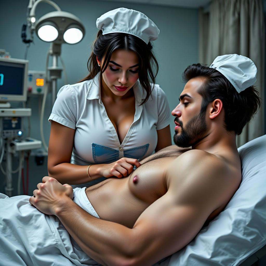 1male. 1female. A highly detailed,  cinematic depiction of an Italian nurse as the central focus,  bending over slightly w...