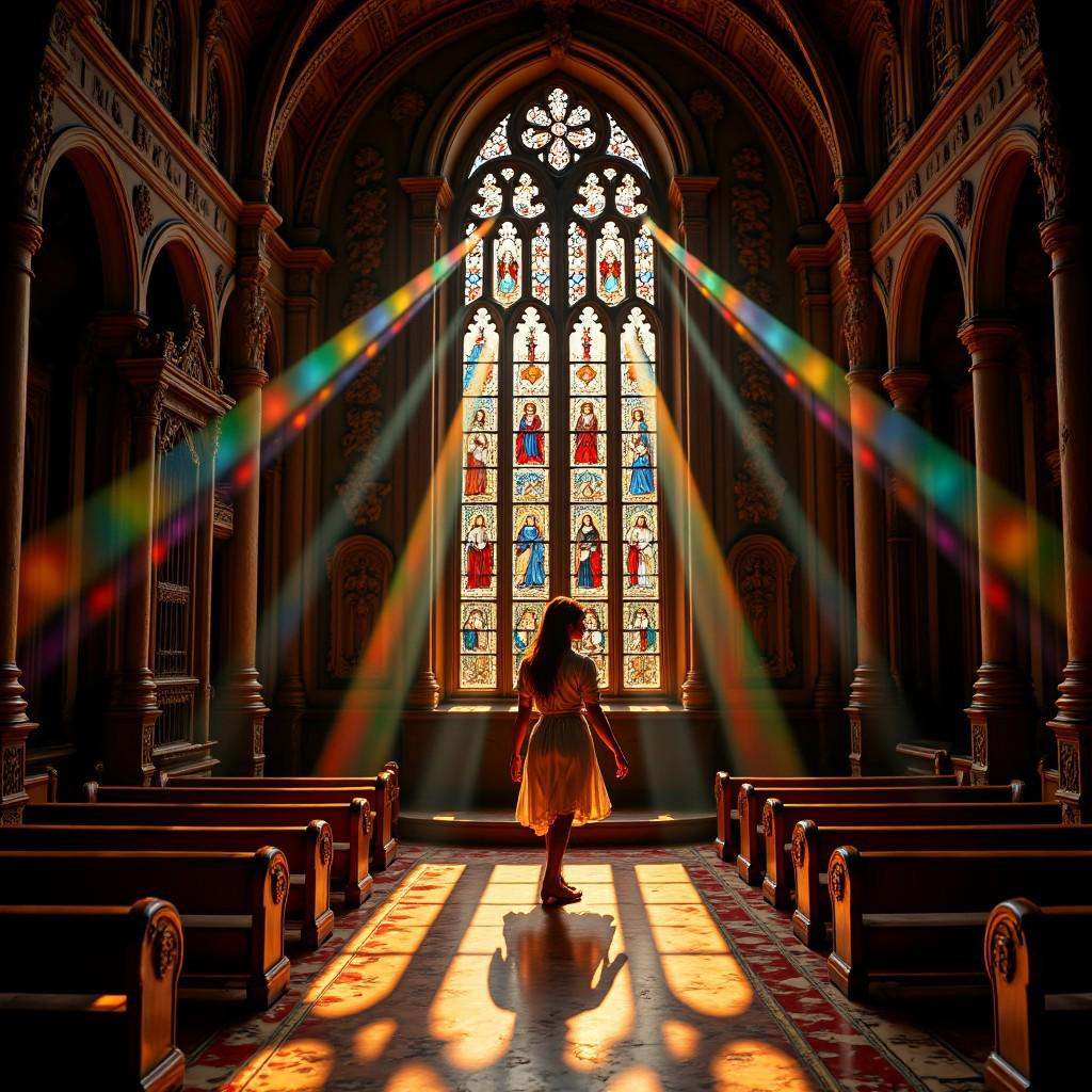 In the radiant chapel,  sunlight pours through large,  ornate stained glass windows on Tensor.Art