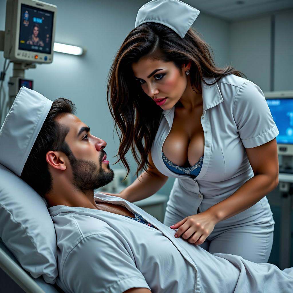 1male. 1female. A highly detailed,  cinematic depiction of an Italian nurse as the central focus,  bending over slightly w...