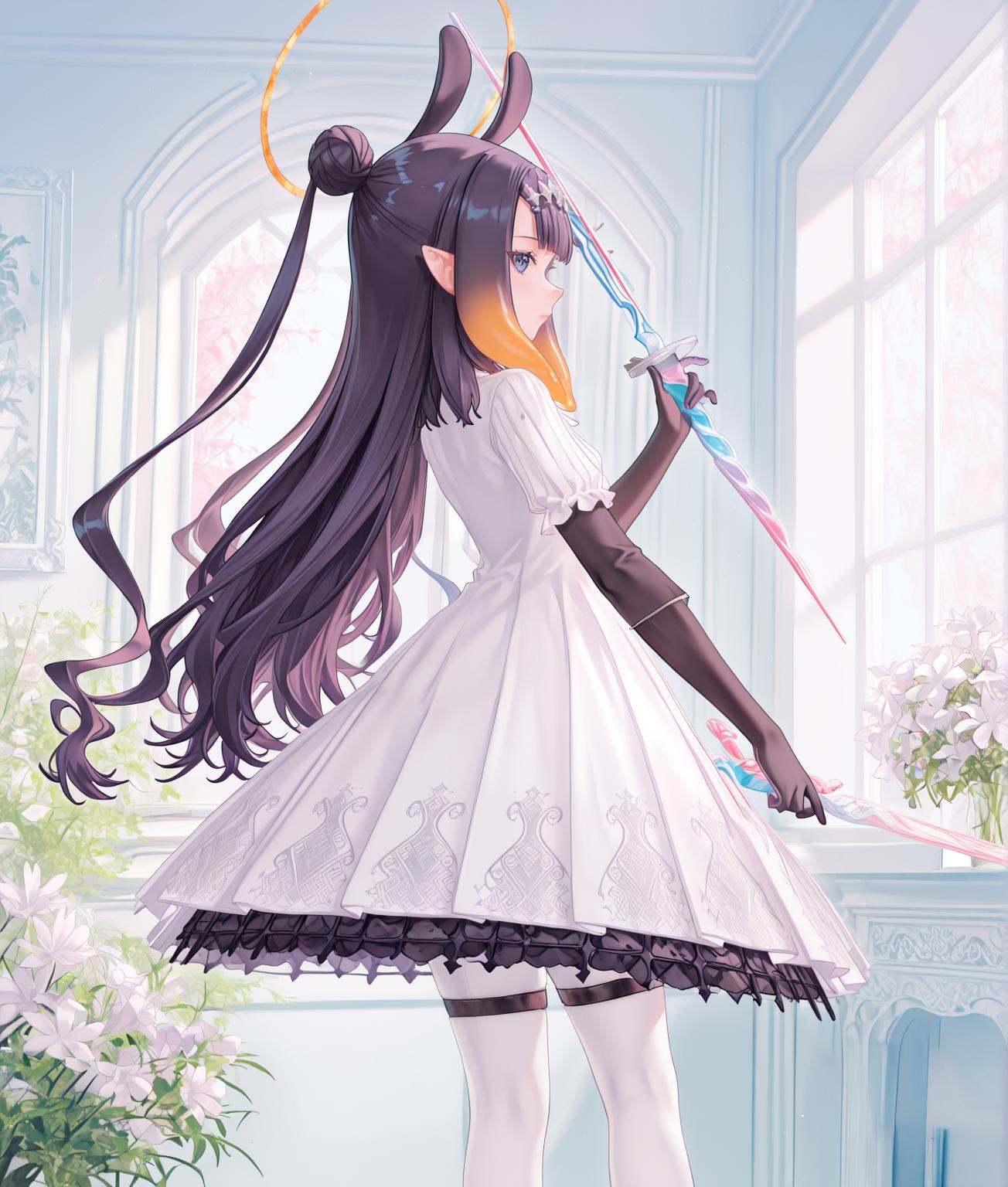 indoors,  from side,  (holding sword on Tensor.Art