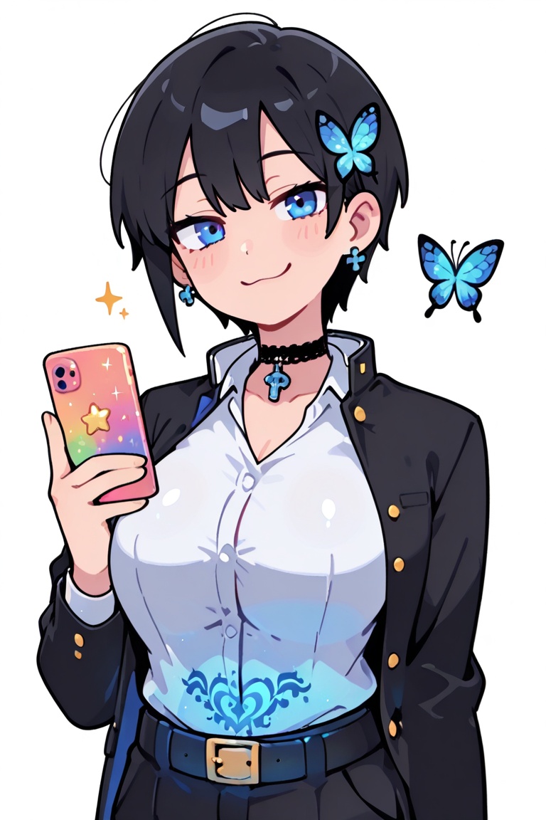 White background,  simple background,  girl holding a (cute smug face) Chibi characters on Tensor.Art