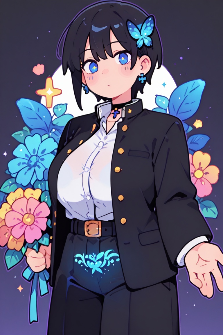 (Holding a large bouquet in both hands) Solo,  one woman,  round face on Tensor.Art